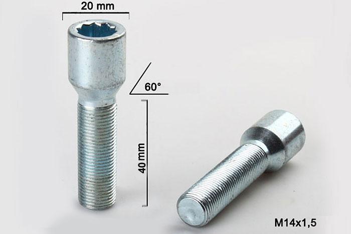 M14x1,5, Wielbout conisch inbus, Draadlengte 40mm, 20mm kopdiameter